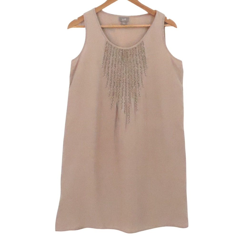 J Jill Embroidered Pintuck Sleeveless Linen Tunic Dress Womens Size S Tan Beachy